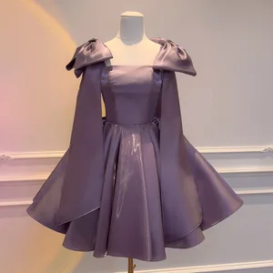 High-quality New Autumn New Trend French Retro Bow Dress Purple Spaghetti Strap Evening Gown