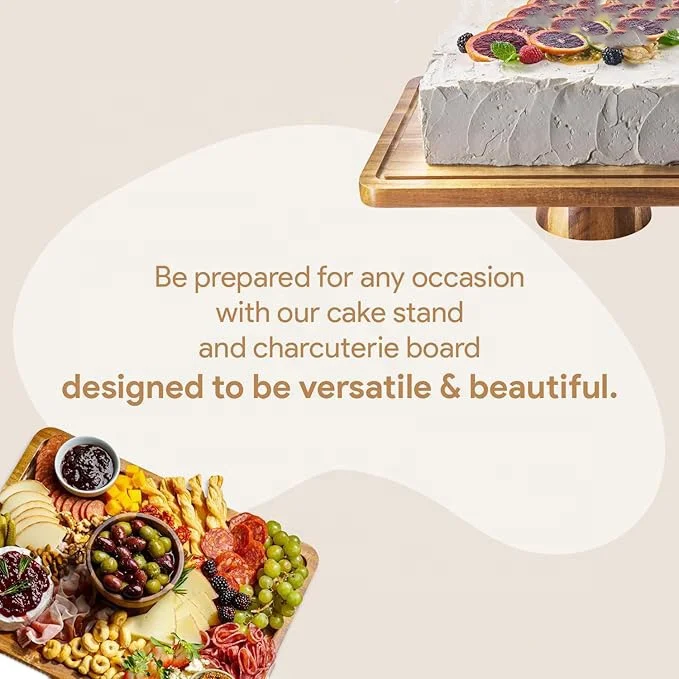 2 In1elegant Rectangular Rustic Acacia Wood Cake Stand With Large Acrylic Dome Cover Lid