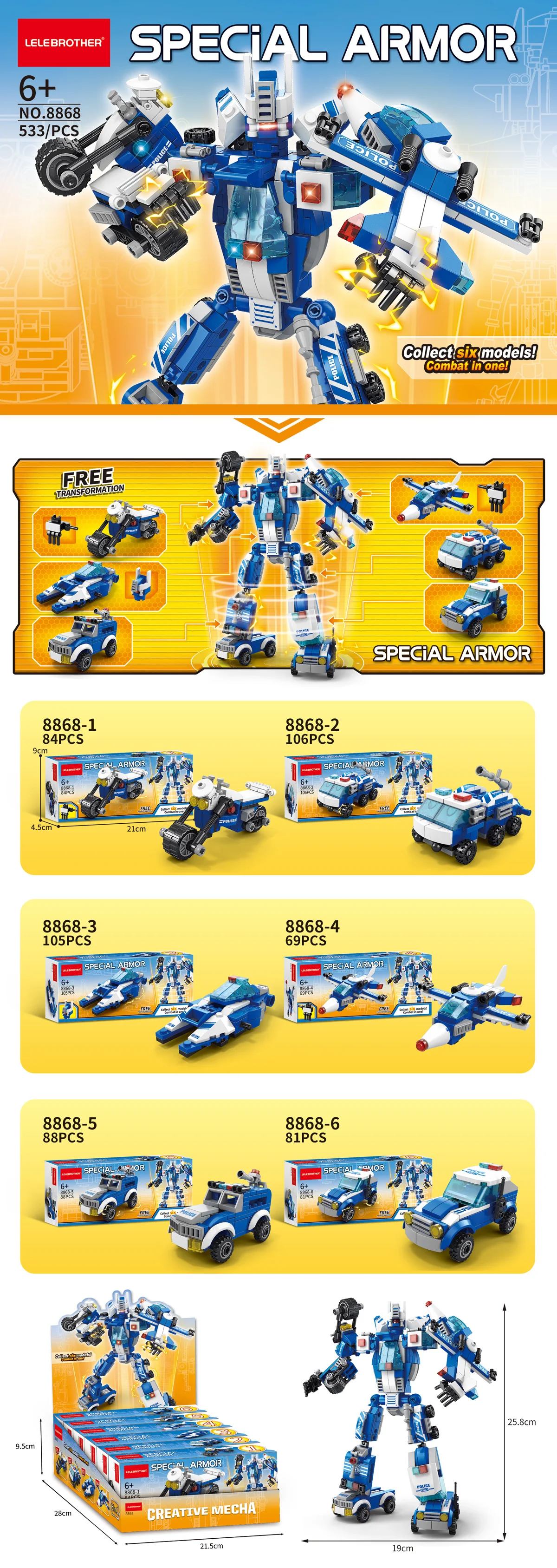 Lele Brother Deformed Robot 6 in 1 Building Blocks City Police Car Bricks Toys Model Kids Educational Gift