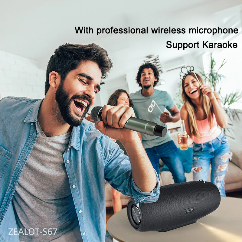 ZEALOT S67 Portable Speaker with Two Wireless Microphones and Shoulder Strap Support TWS, AUX In, USB, Bass and Treble for Party