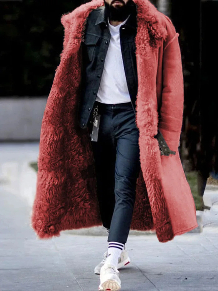 Trench Coat Men Red Fur Coat Men's Thick Warm Fleece Trench Coat
