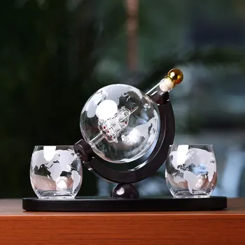 Luxury Globe Whiskey Decanter Set with Ship Inside and Etched Map Glasses Home Bar Gift for Men or Office Display