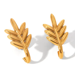 MW 18K Gold Plated Stainless Steel Vintage Plant Shape Emerald Cut Waterproof Hypoallergenic Women's Gift Stud Earrings