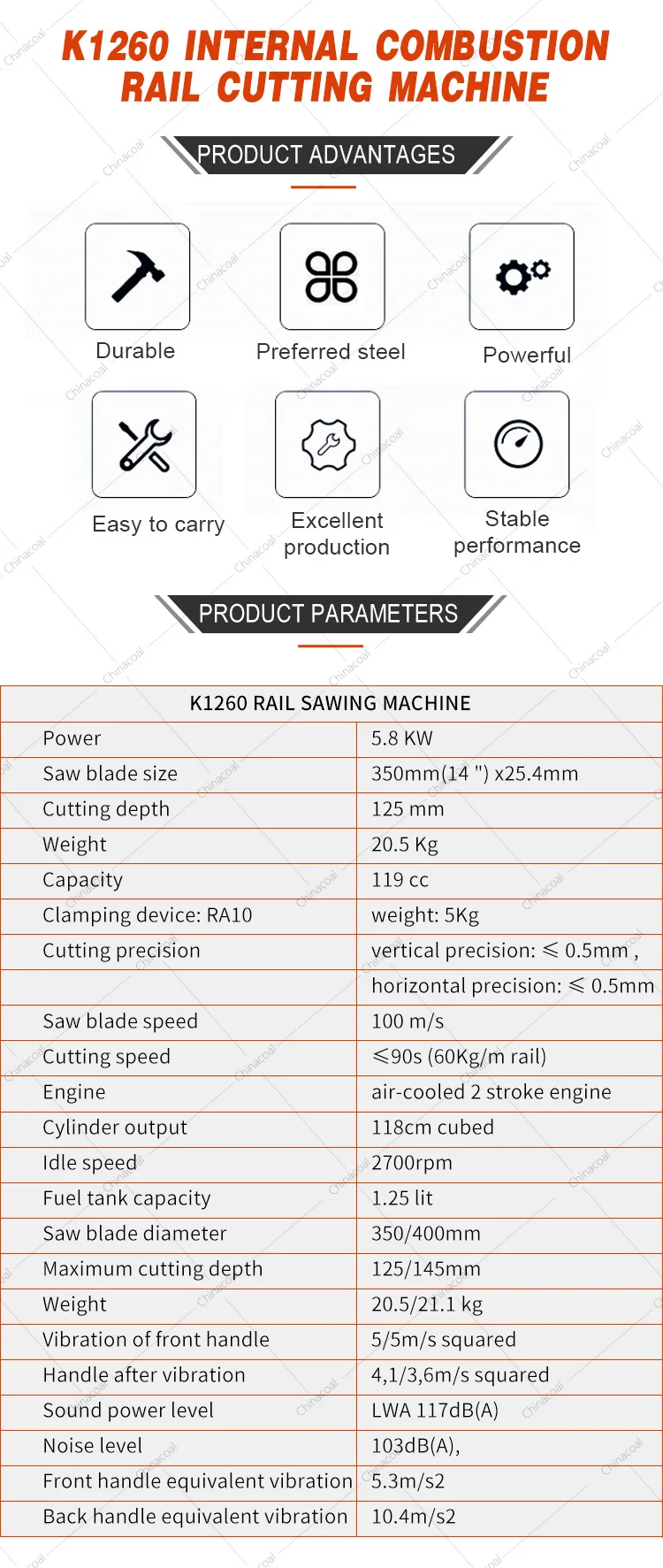 K1260 Portable Abrasive Rail Saw Gasoline Rail Cutter For Sale