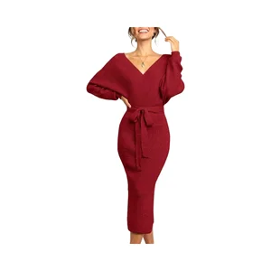 Women's Sexy Solid Casual A-Line Bodycon Dress with V-Neck Slit Open Back Wrap Sweater Natural Waistline-Autumn Holiday