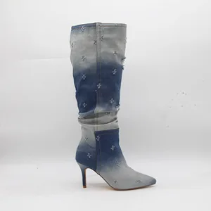 BUSY GIRL HQ1137 Custom Boots Customized Embroidered Women's Denim Ombre Distressed Embroidered Stiletto Heel Knee High Boots