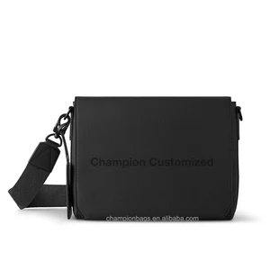 Custom Logo Luxury Pebble Leather Black Mens Flap Crossbody Shoulder Travel Messenger Bag for Men