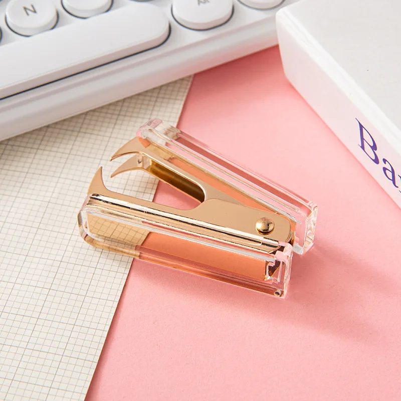 Hot Acrylic Stapler Luxury Rose Gold Rose Pink Staple Remover Staples Screwdriver Acrylic Gold Desktop Staple Stapler Matching