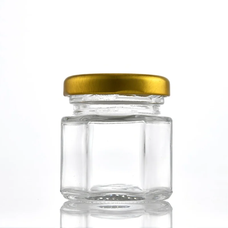 45ml 50ml 2oz六角形の安価な小さな蜂蜜ガラス瓶43mm蓋付き無料