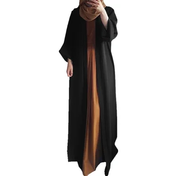 Dubai Jilbab Khimar Pure Color Open Abaya Long Sleeves and Belt Denim Design Muslim Dress Women Prayer