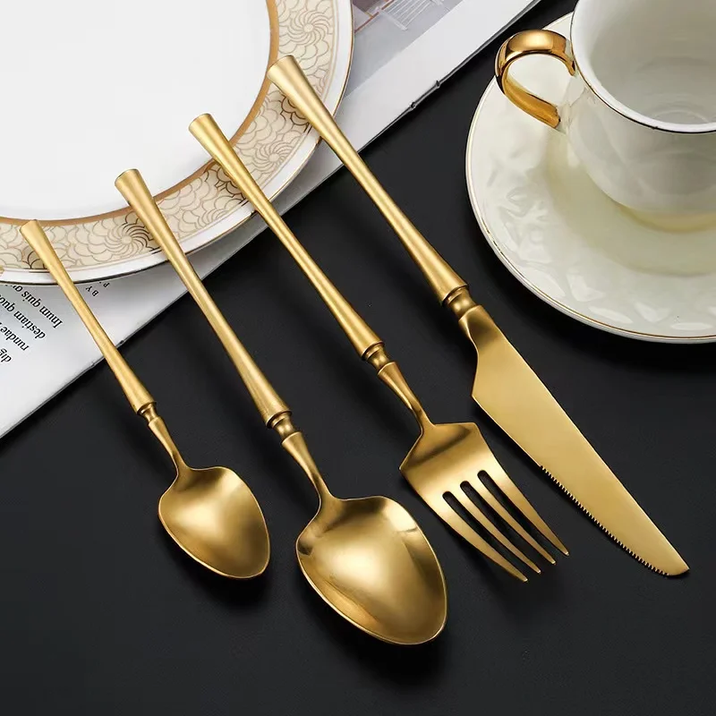 Luxury Gold Flatware Custom Logo Forks and Spoons Stainless Steel 18 10 Matte Gold Cutlery Set for Wedding