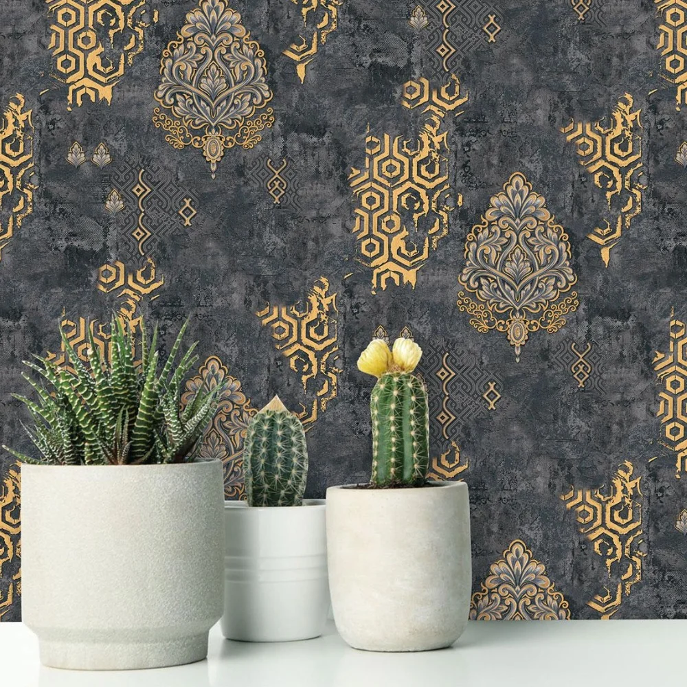 Classic European Retro 3d Three-dimensional Antique  European Flower Dark Background Damask Wallpaper