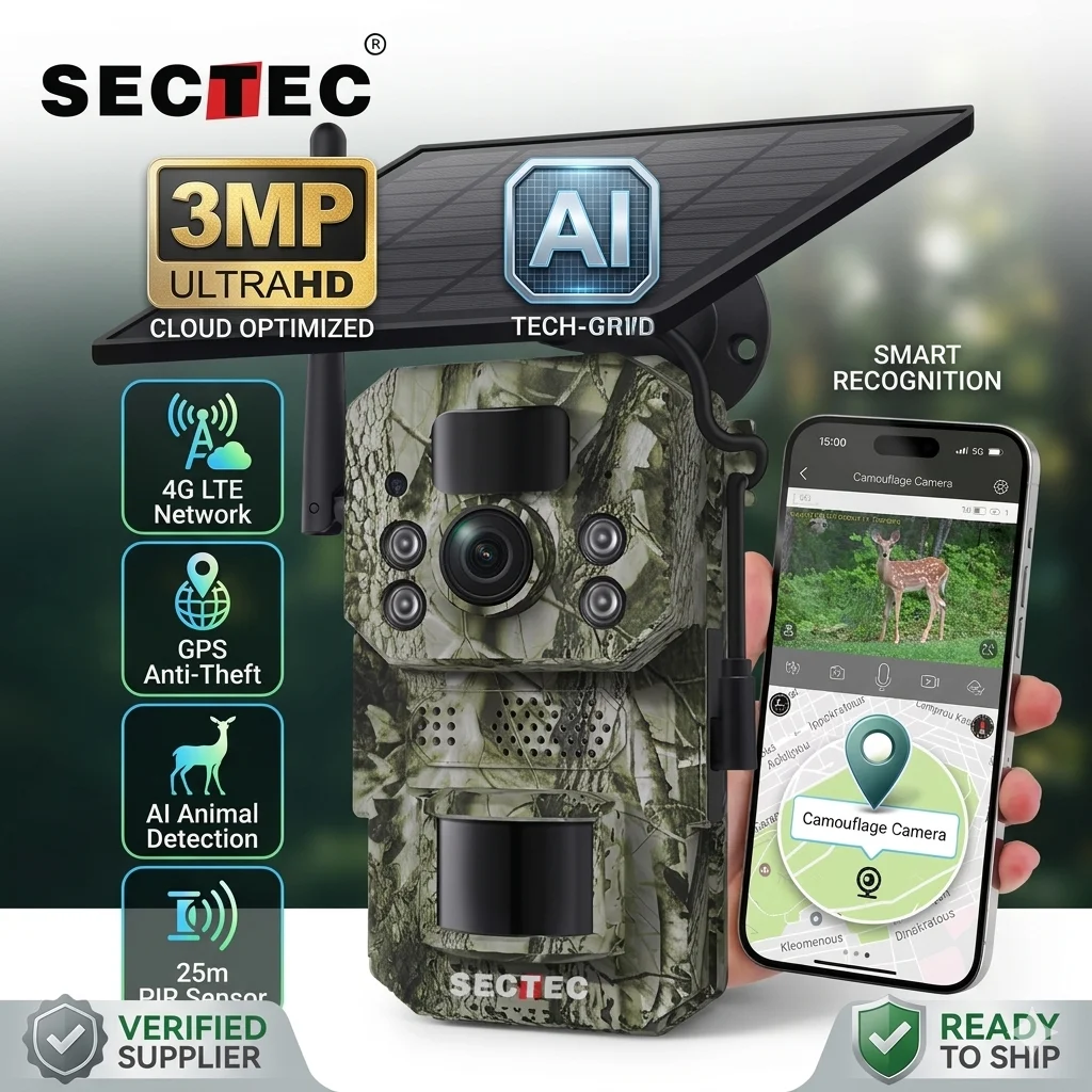 AI 4G Cellular Trail Camera  3MP Mini GPS Hunting Cam 25m Detection Range IP66 Invisible Night Vision Wildlife Solar Camera