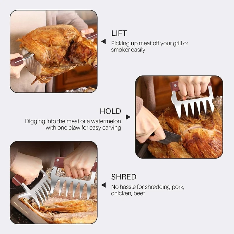 Meat Claws, Meat Shredder Claws, Stainless Steel BBQ Meat Claws for Shredding  Meat with Wood Heat Resistant Handle (Gules) 