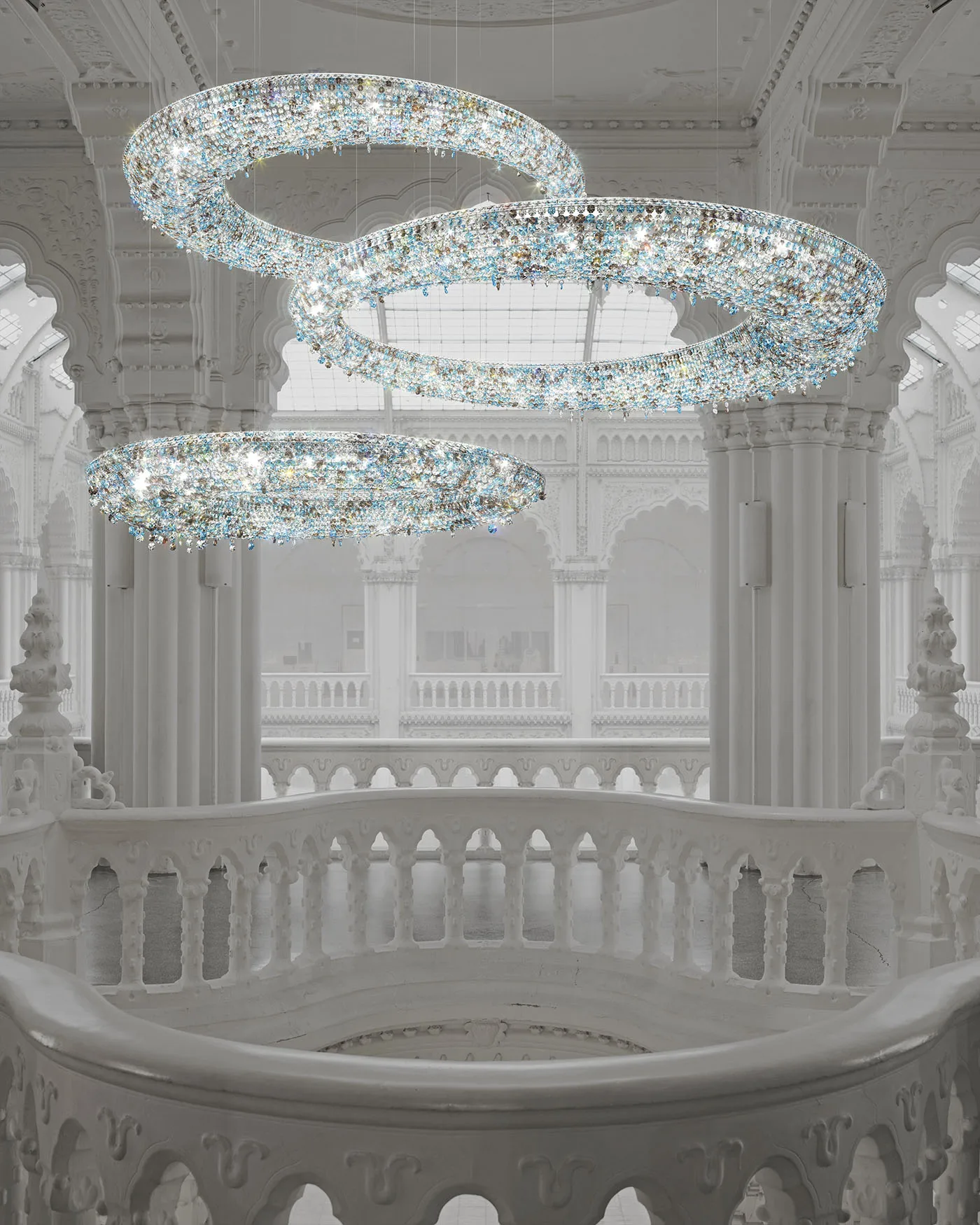 Modern High ceiling Luxury Three-Color Adjustable Height Iron Glass LED Chandelier with 360 Beam Angle Eye Caring Switch Control