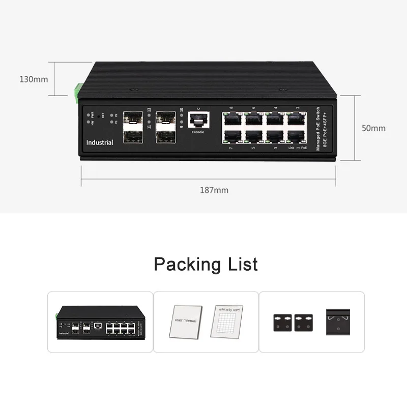 DIN-Rail 4 10Gb SFP Uplink 8 Port L3 Managed Switch with BT PoE manufacture