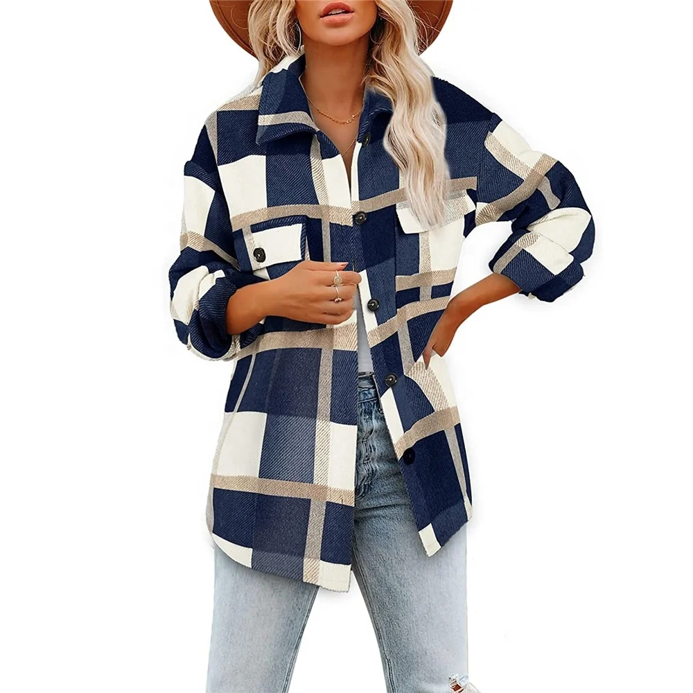 Womens Casual Plaid Brushed Flannel Button Down Pocketed Shirt Jacket Shackets Coats 