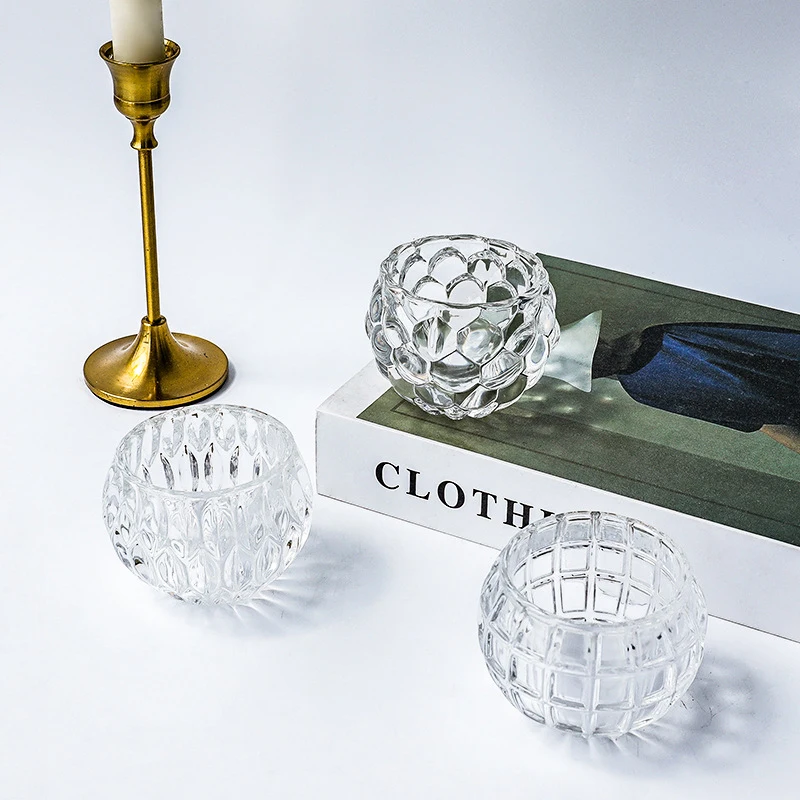 High Quality Romantic Crystal Embossed Clear Votive Glass Tealight Candle Holders for Centerpiece Home Table Decor