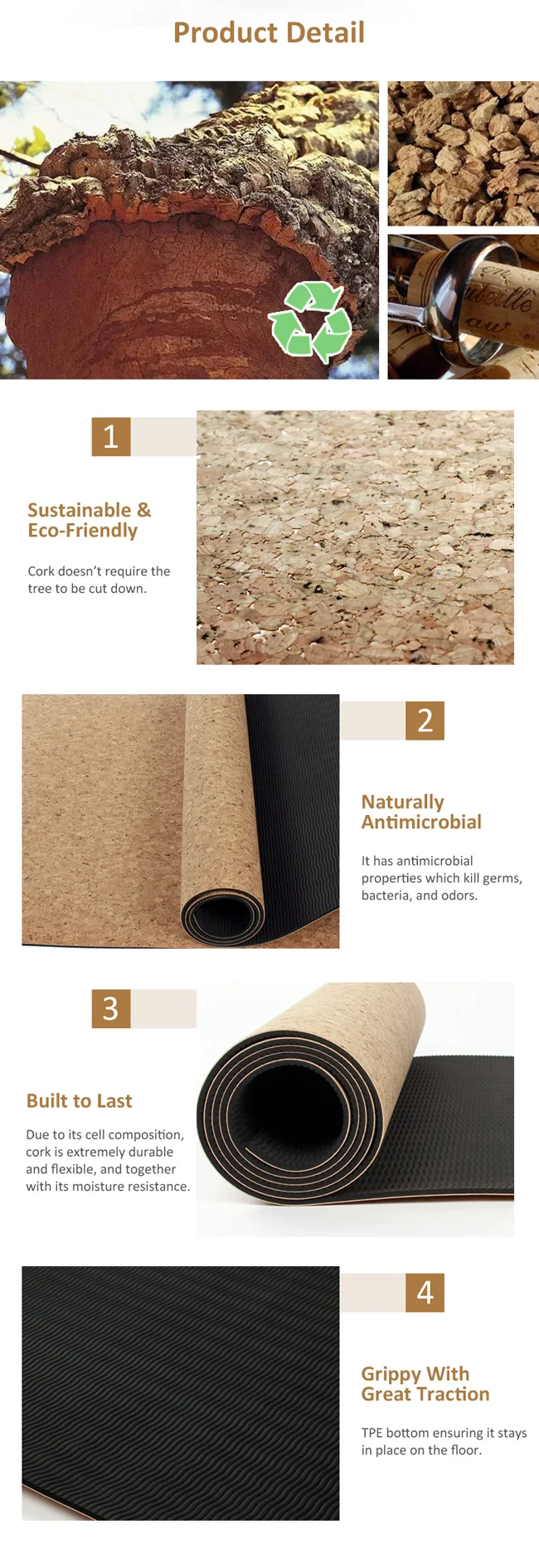 Custom Private Label Recycled Double Layers Eco Friendly Natural Cork TPE Yoga Mat