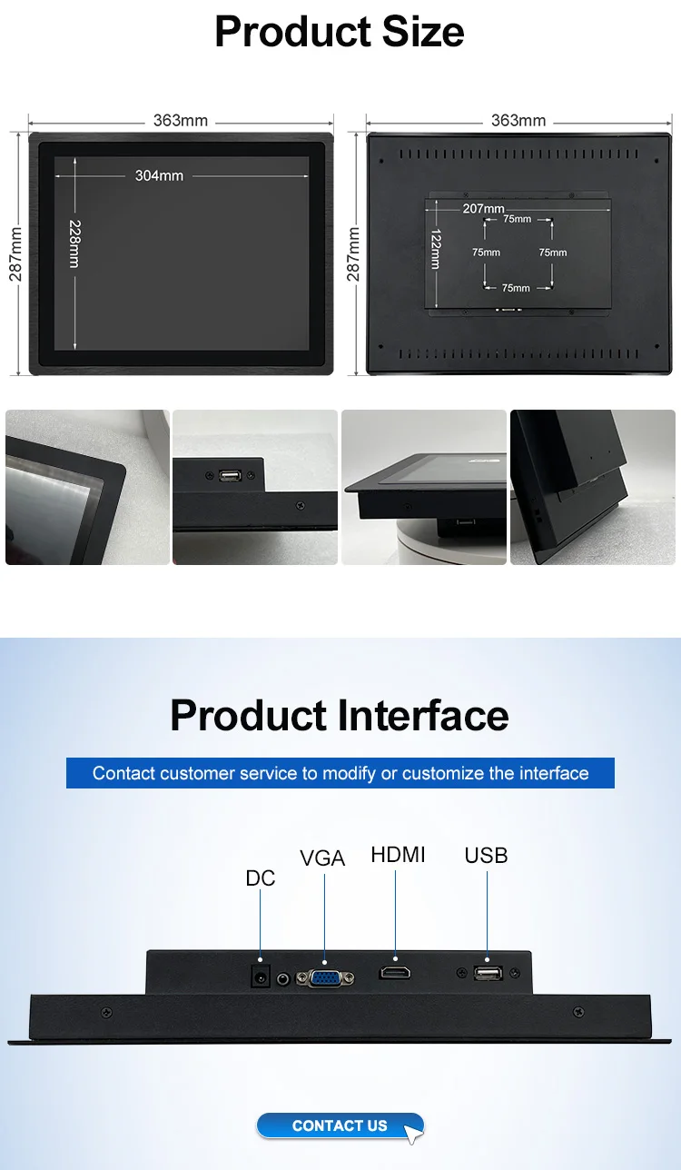 15 Inch HD VGA Waterproof Pure Flat Touch Screen Panel Embedded Industrial Grade LCD Monitor Industrial Computer Accessory