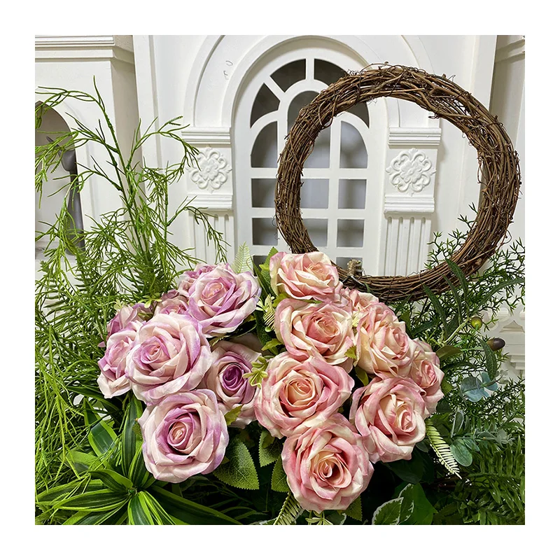 product qyy high quality new artificial flower meijiang bunch 9 large curled rose green silk cloth artificial flower-53