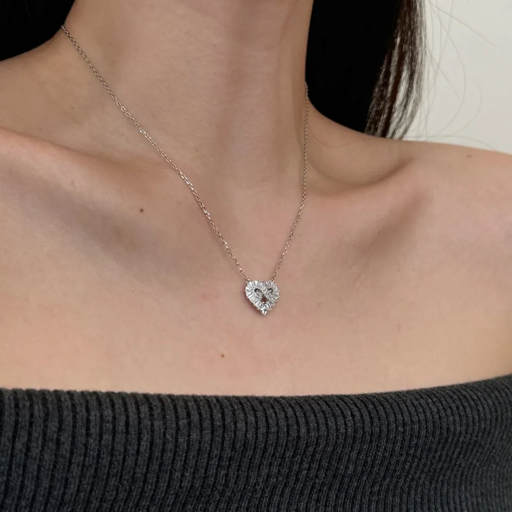 KAKODIY Exquisite Design 925 Sterling Silver Hypoallergenic Chain Baguette Gemstone 5A Cubic Zirconia Heart Shape Pendant Necklace detail 4