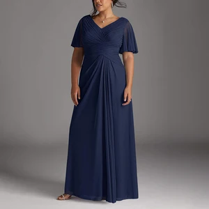 ZYHT 73989  China Factory Customize Color Fabric Designs Burgundy Gold Dark Green A-Line V-Neck Pleated Mesh Dress