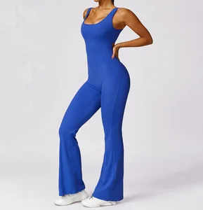 High Quality Elastin Workout Romper Gym Fitness Bodysuits Women v Cut Scrunch Flare Pants One Piece Yoga Jumpsuit