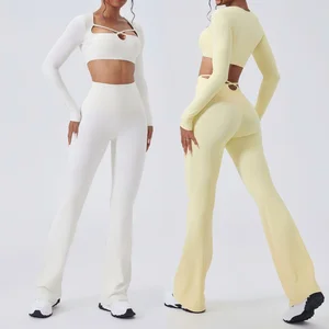 High Quality Yoga Wear Sportswear Active High Waist Flared Pants Fitness Long Sleeve Tops Gym Yoga Sets for Women