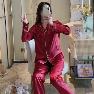 Wholesale Women Casual Pajamas Plus Size Solid Long Sleeve Two Piece Set Nightwear Spring Autumn Elastic Waist Knitted Satin