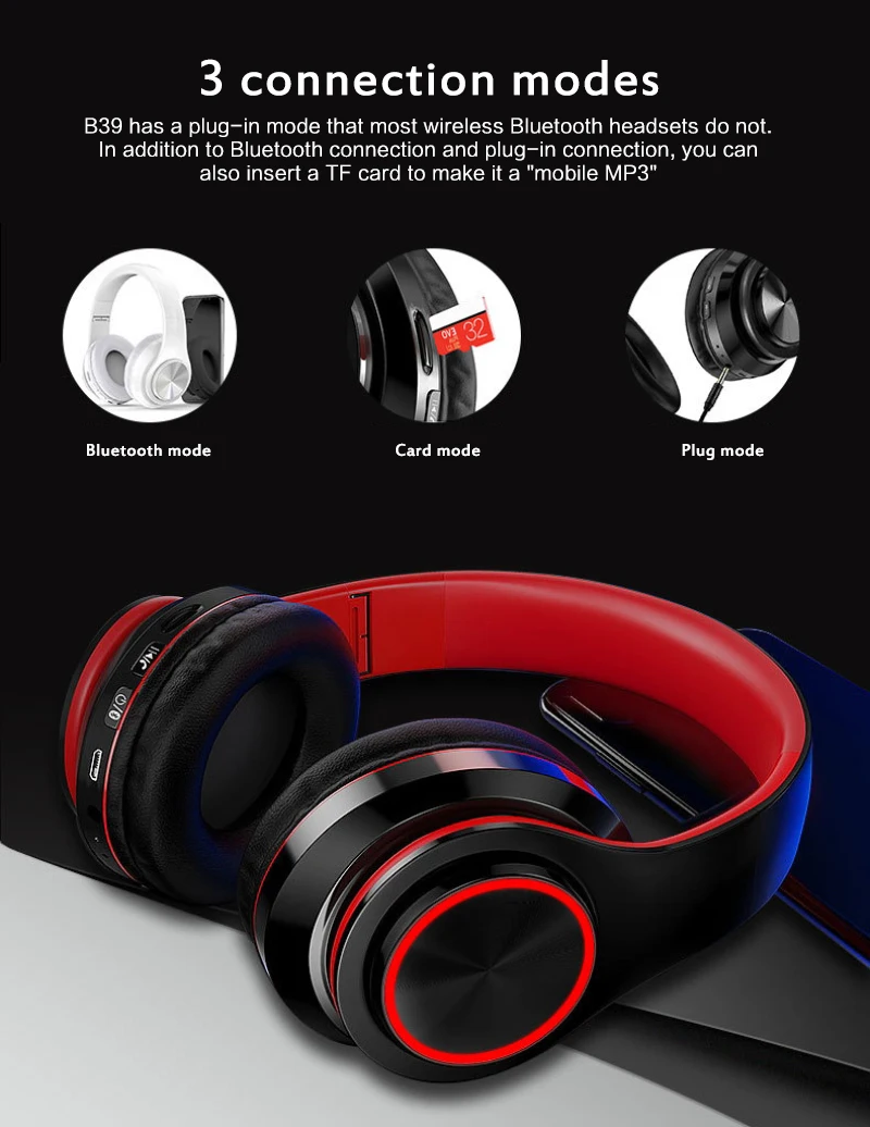 B39 Wireless headphones Portable Folding Support TF Card Built-in FM Mp3 Player With LED Colorful Breathing Lights