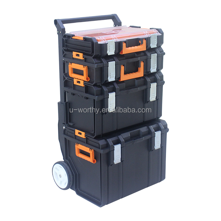Ningbo Factory Four Layer Stackable Trolley Plastic Tool Box for Household Workshop Tool Cabinet with Flexible Handle and Wheel