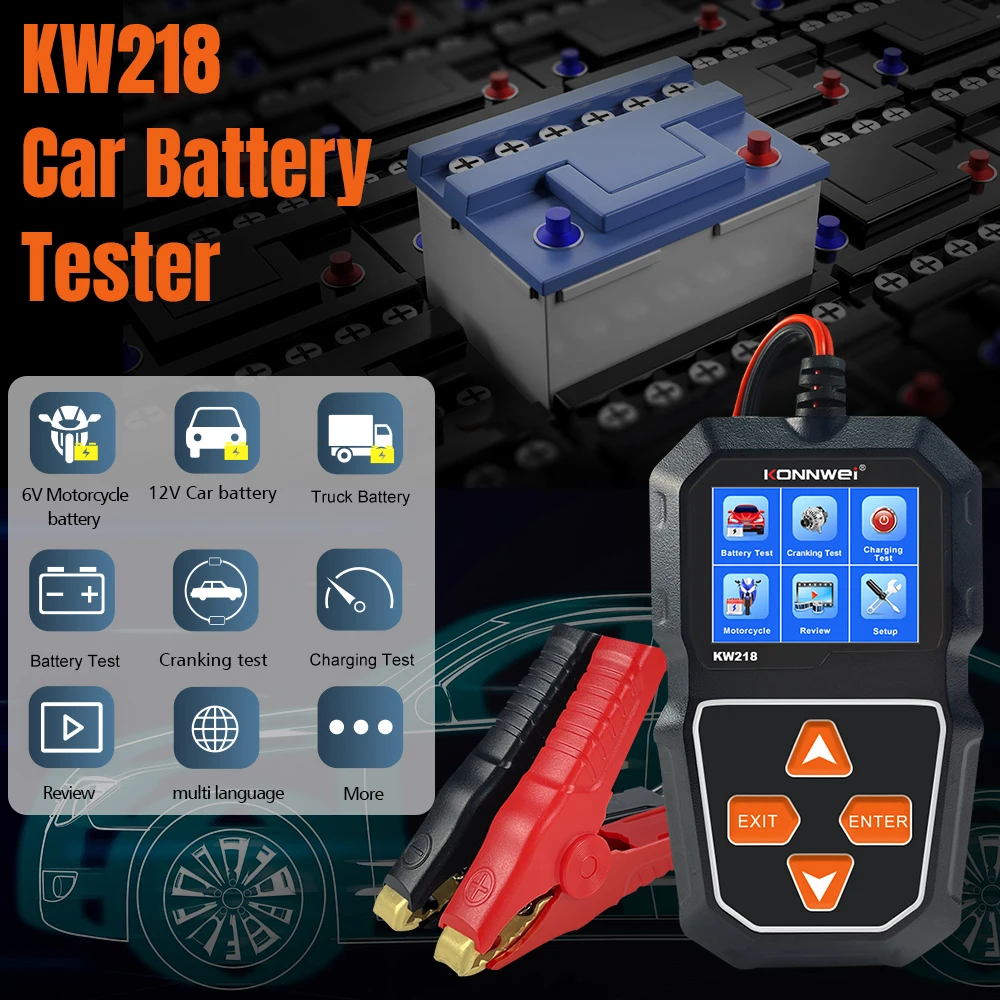 KONNWEI Motorcycle Car Battery Testing Tool KW218 6V 12V Auto Battery Health Diagnostic Tester for AGM GEL Flooded Battery