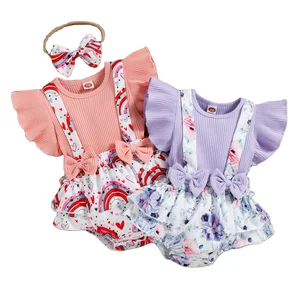 2022 Summer Toddler Clothing Headband Fly Sleeve Rainbow Flowers Printed Bow Infant Girls Jumpsuits Baby Cute Romper