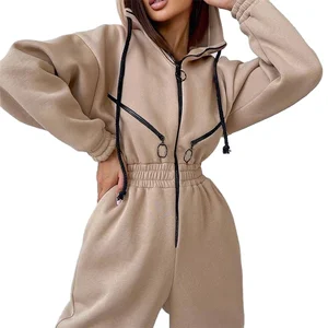 Fashion Women Casual Cotton Bodysuit Zip up Hoodie Elastic Waist Jumpsuit