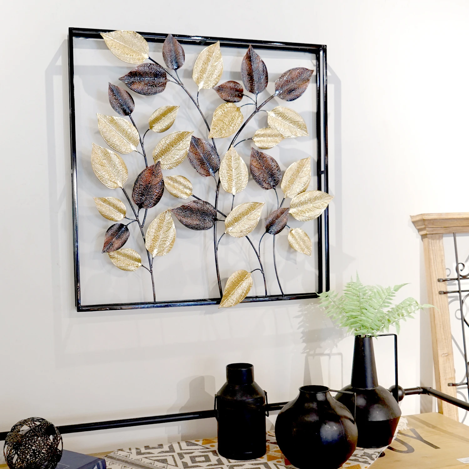 Luxury Home Metal Wall Decor Art Black Gold Leaf Floral Artwork ...