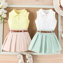 Summer New Arrival Girls' 2-Piece Set Ribbed Lapel Collar Sleeveless Top Pleated Skirt Belt Stylish New Fashion Solid Pattern