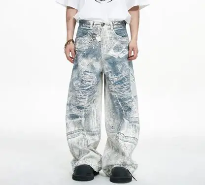 Salati Custom Denim Stone Washed Heavy Jeans Men Multi Pocket Baggy Distress Vintage Stacked Acid Wash Flare Cargo Denim Pants gallery 7