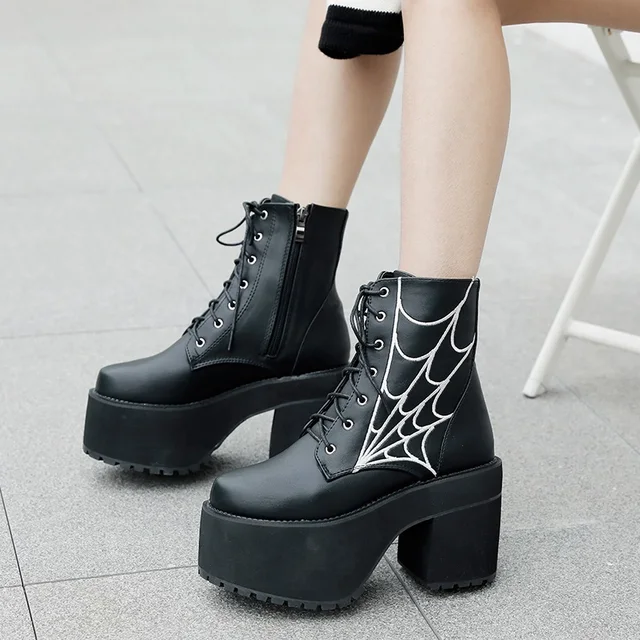 Fashion Cobweb Gothic Boots Women Vampire Knight Cosplay Shoes For 90s Girls High Chunk Heel Forest Aesthetic Shoes Woman - Image 3