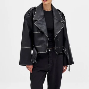 2023 Autumn New Women Moto Jacket PU Leather  Solid Oversized Biker Lady Style Motorcycle Jacket