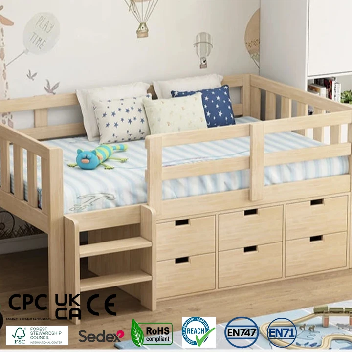 Multifunctional Modern Low Loft Bed with Cabinet and Drawers for Kids Play School Hotel & Apartment Use Wooden Bed
