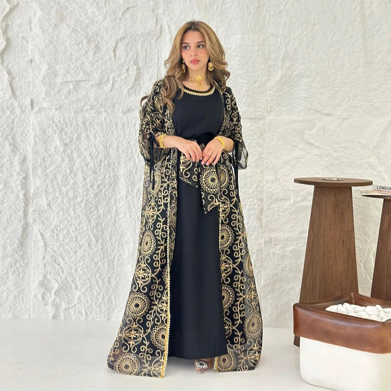 2025 Eid Ramadan Muslim Abayas for Women Dubai Party 2 Piece Sets Abaya Cardigan Robe Embroidery Lace up Dress Morocco Kaftan