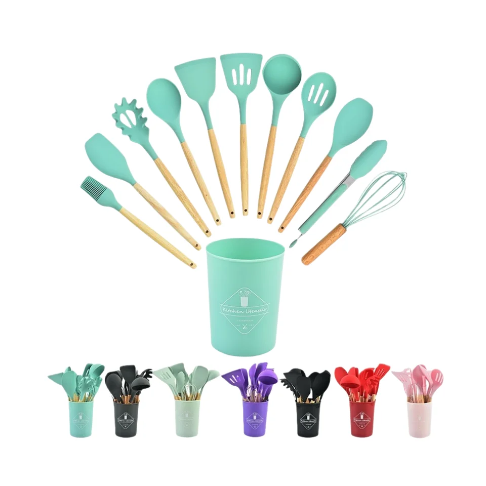 Set di utensili da cucina in silicone con supporto manico in legno senza BPA resistente al calore set di spatole antiaderenti