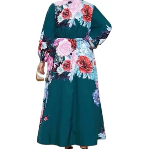 Middle Eastern Muslim Women Robe Abaya Fashion Floral Print Plus Size Long Sleeve V-Neck Dress