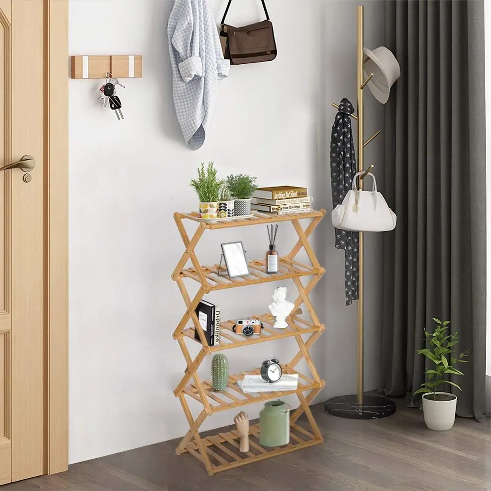 product bamboo foldable 5 tier shoe rack x shaped storage shelf for entryway closet multifunctional organizer for shoes bags plants-1