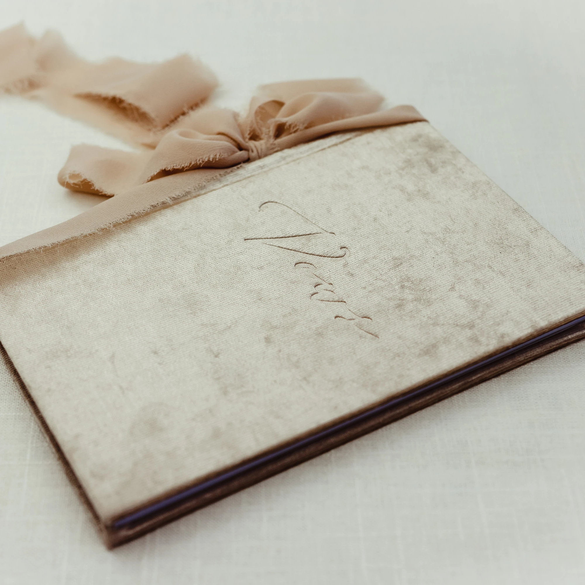 Custom Debossed Velvet Cover Vow Book for Wedding With Silk Ribbon