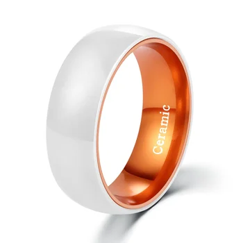 POYA Jewelry 8mm White Ceramic Rings with Orange Anodized Aluminum Inset Mens Womens Wedding Band
