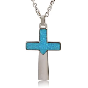 Stainless Steel with Natural Stunning Blue Fire Opal  Inlay Silver Color Charming Cross Pendant