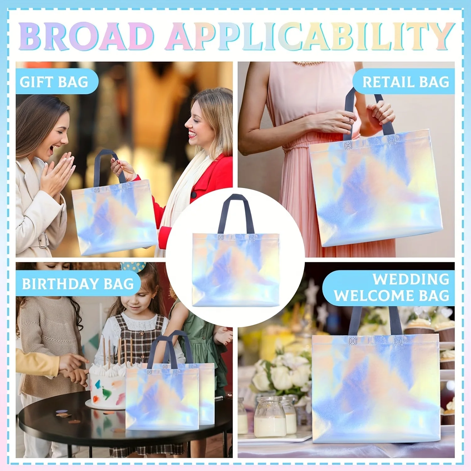 Reusable Laser Iridescent Laminated pp Nonwoven Garment Shopping Tote Bag Personalize Custom Gradient Metallic Non Woven Bag