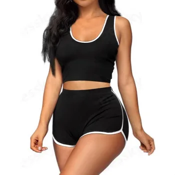 2025 Summer Women's Casual Sports Two-Piece Set High Quality Sleeveless Top Shorts Customizable LOGO Knitting Solid OEM